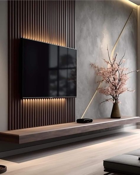 Big Tv Small Wall, Living Room Selling Design, Panelled Walls Living Room Modern, Tall Ceiling Tv Wall, Wall Paneling Behind Tv, Asymmetrical Tv Wall, Tv Wall Cladding, Luxury Media Wall, Tv Wall Design Minimalist