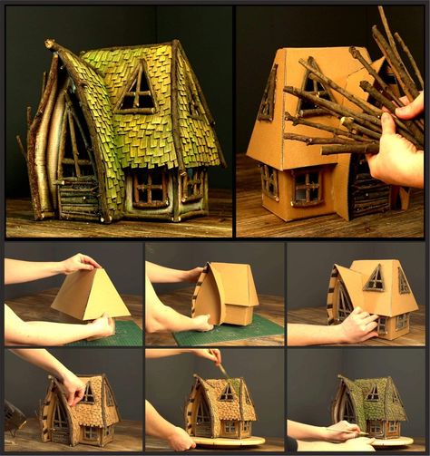 Cardboard Fairy House, Cardboard Dollhouse, Dnd Crafts, Fairy House Crafts, Fairy House Diy, Creative Mom, Cardboard House, Fairy Garden Houses, Miniature Diy