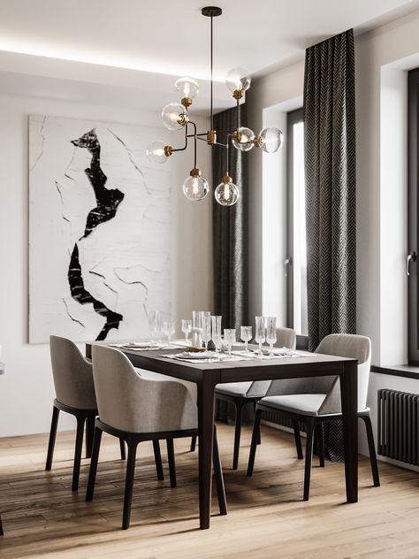 Apartment in minimalist styleVisualization: VizLine Studio Designer: Yulia Pracht Design Interior Modern, Dining Room Decor Modern, Dining Table Lighting, Dining Room Cozy, Interior Minimalista, Dining Room Interiors, Luxury Dining Room, Elegant Dining Room, Modern Houses Interior