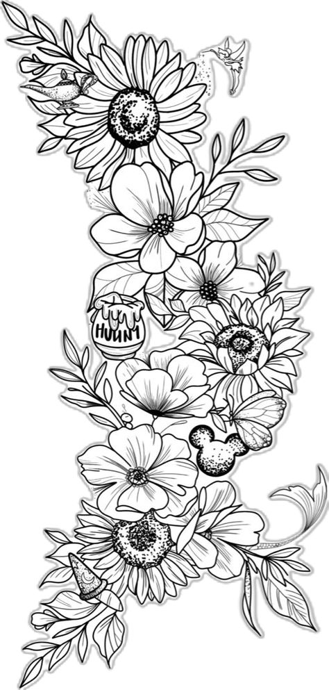 Floral Women’s Half Sleeve Tattoo Upper Arm, Must Have Tattoos For Women, Cheetah Flower Tattoo, Floral Hidden Disney Tattoo, Disney And Flower Tattoo, Hip Tattoo Drawings, Boho Flower Tattoo Bohemian, Tattoo Ideas Female Upper Thigh, Colored Arm Tattoos For Women