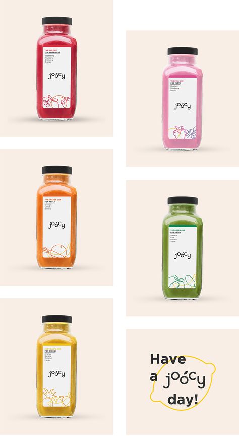 Joocy / Brand identity on Behance Juice Branding Design, Illustration Packaging Design, Clean Fruit, Gold Sink, Sink Cleaner, Fruit Juice Packaging, Juice Logo, Juice Label, Detergent Powder