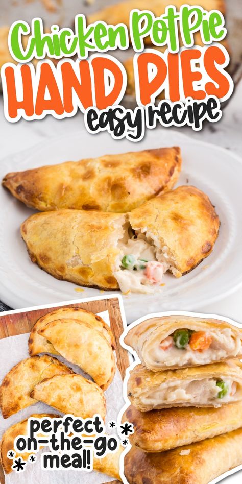 These Chicken Pot Pie Hand Pies are a fantastic lunchbox, picnic, or on-the-go meal for all savory pie lovers out there! The refrigerated rolled pie crusts save you time and ensure that you end up with delicious flaky pastry, filled with a mixture of creamy tender chicken and vegetables. Chicken Pot Pie Hand Pies, Vegetarian Hand Pies, Muffin Cups Recipes, Chicken Pot Pie Filling, Pot Pie Filling, Pie Crusts, Pot Pies Recipes, Chicken Meals, Chicken Pot Pie Recipes