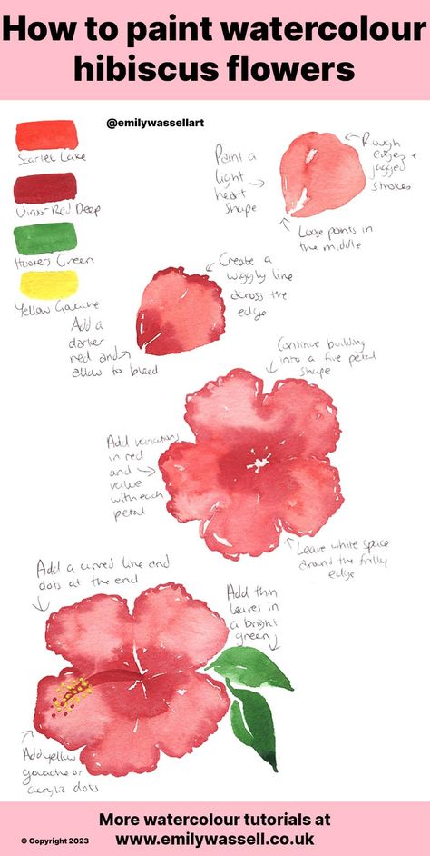 Tutorial: How to paint hibiscus flowers in watercolour - Emily Wassell Watercolour Hibiscus Flower, Hibiscus Flower Painting Tutorial, How To Paint Hibiscus, Painted Hibiscus Flower, Hibiscus Watercolor Painting, How To Paint A Hibiscus Flower, Watercolour Flowers Tutorial, Watercolour Hibiscus, Starting Painting