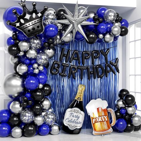 PRICES MAY VARY. 【What You Get】:You will receive: 61 navy blue balloons (1 x 18-inch, 10 x 12-inch, 20 x 10-inch, 30 x 5-inch), 36 silver balloons (1 x 18-inch, 15 x 10-inch, 20 x 5-inch), 15 black balloons (10-inch), 3 silver confetti balloons (12-inch), and 1 silver starburst-foil balloon. Additionally, you'll get 3 foil balloons, 1 "Happy Birthday" foil balloon, 2 blue fringe curtains (3.2 x 6.5 feet), glue dot*100, ribbons *1, decorative strip*1 【Ample Balloons&Complete Party Set】:This men b Men’s Birthday Decoration Ideas, 24th Birthday Party Ideas For Him, Blue Black And Silver Party Decorations, Mens Birthday Decor, Home Birthday Party Ideas For Adults Decor, Men Party Ideas Decoration, 22 Birthday Theme Party Ideas, Blue Decorations Party Birthday Ideas, Men Birthday Theme Ideas