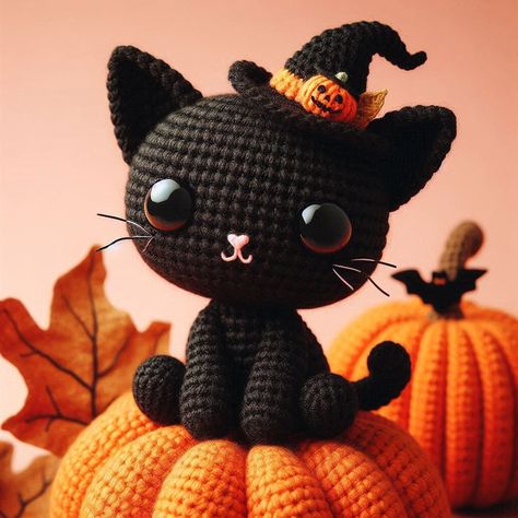 Black Cat Amigurumi, Amigurumi Cat Free Pattern, Black Cat Crochet, Crochet Black Cat, Halloween Amigurumi, Cat Amigurumi, Halloween Black Cat, Spooky Decor, Unique Halloween