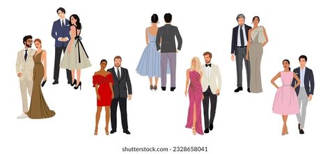 Diverse of multiracial and multinational couples wearing evening formal outfits for celebration, wedding, event, party. Happy men and women in gorgeous clothes vector realistic illustration isolated Formal Couple Outfits, Casual Wedding Outfit Guest, Semi Formal Dress Code, Destination Wedding Attire, Formal Attire Women, Semi Formal Wedding Attire, Formal Wedding Guest Attire, Casual Wedding Outfit, Beach Wedding Outfit