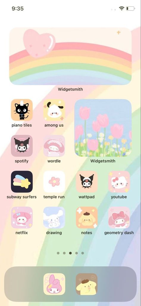 Sanrio Iphone Homescreen, Rainbow Iphone Layout, Widget Format Ideas, Rainbow Homescreen Layout, Sanrio Wallpaper Layout, Phone Themes Sanrio, Cute Themes For Mobile Phone, Sanrio Iphone Icons, Colorful Iphone Layout