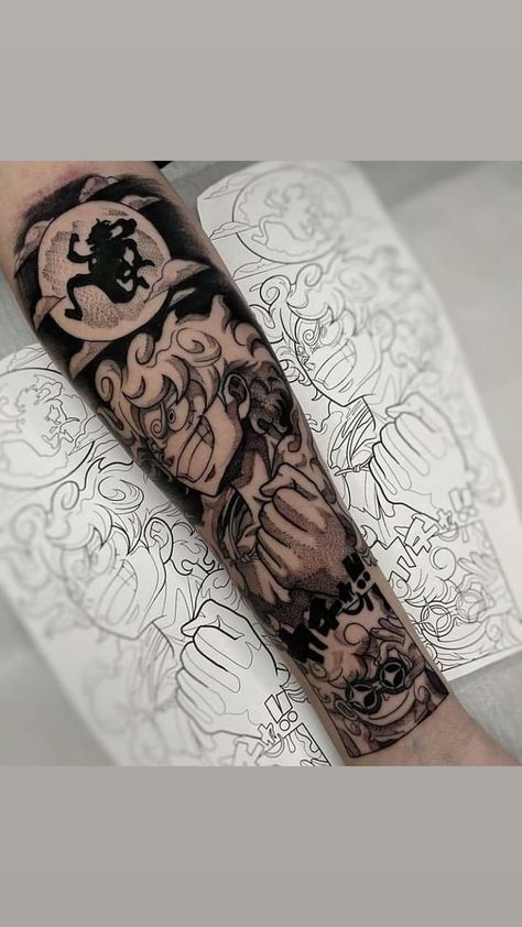 Gear 5 Tattoo, Calf Tattoo Ideas, 5 Tattoo, Cool Half Sleeve Tattoos, Brooks One Piece, Full Sleeve Tattoo Design, One Piece Tattoos, Pretty Tattoos For Women, Luffy Gear 5