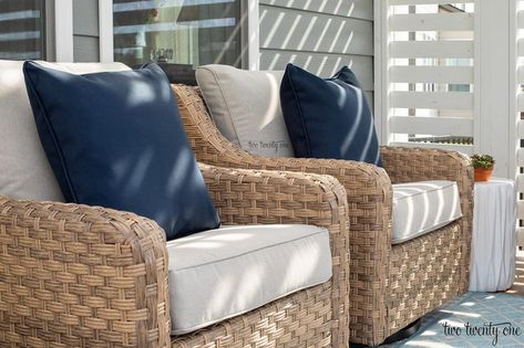 My Favorite Better Homes and Gardens Patio Furniture Cozy Bistro, Wicker Porch Furniture, Front Porch Chairs, Stylish Patio Furniture, Deck Furniture Layout, Comfortable Patio Furniture, Patio Oasis, Patio Furniture Layout, Outdoor Furniture Ideas