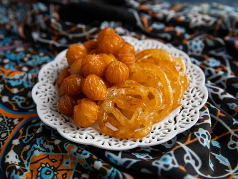 Zoolbia and Bamieh Recipe | Food Network Kitchen | Food Network Bamieh Recipe, Persian Desert, Food Iran, Persian Desserts, Mediterranean Cooking, Iranian Recipes, Persian Recipes, Iranian Cuisine, Persian Cuisine