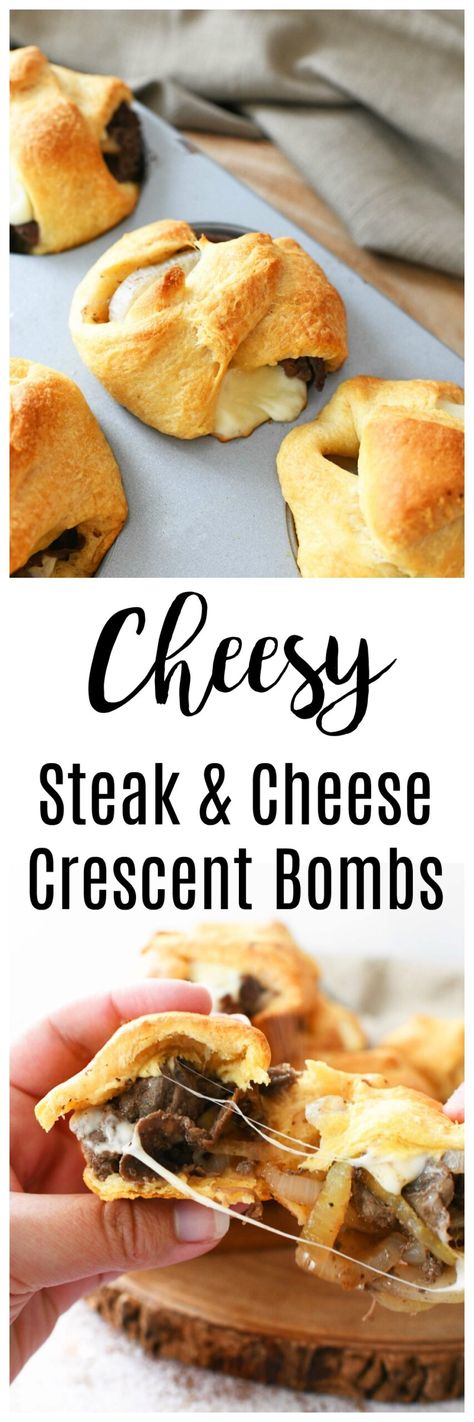 Steak, Onion, & Cheese Bombs? Yes, Please! #AD If you love a juicy, cheesy, steak & cheese sub with sweet @onlyvidalia1 onions, ooey, gooey melted cheese, and tender shaved steak, you will absolutely LOVE these Steak & Cheese Bombs. Made with crescent dough, these are made in a muffin tin and make a quick and easy dinner recipe to feed a small crowd #onlyvidalia #steakandcheese #crescentdough #steak  via @sizzlingeats Steak And Cheese Crescent Rolls, Steak And Cheese Bites, Steak Crescent Roll Recipes, Steak Appetizers Easy, Beef Shaved Steak Recipes, Shaved Steak Recipes Dinners, Shaved Steak Recipes, Shaved Beef Recipes, Shaved Steak Recipe