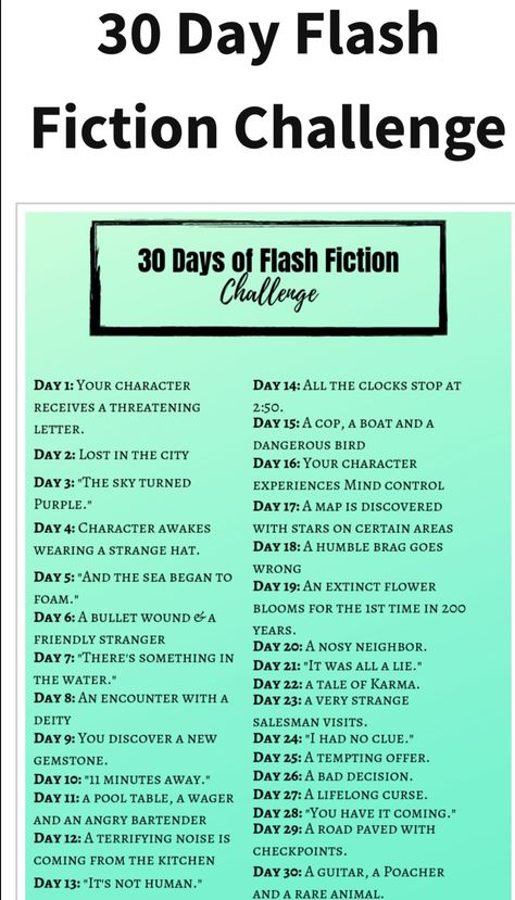 30 Day Writing Challenge Fiction Prompts, 30 Day Flash Fiction Challenge, Writing Prompts Flash Fiction, 30 Days Writing Challenge Fiction, 30 Day Short Story Writing Challenge, Writing Challenge Fiction Short Stories, 30 Day Writing Challenge Fiction, Writing Prompts For Short Stories, Writing Challenge Fiction