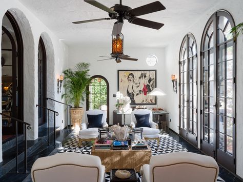 Arched French Doors, Architecture Career, Spanish Colonial Revival, Coved Ceiling, Revival Architecture, Wood Beam Ceiling, Vintage Light Fixtures, Spanish Revival, Colonial Revival