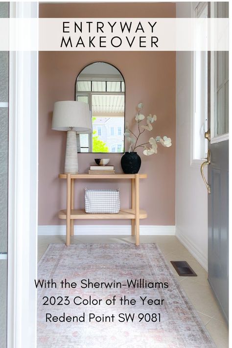 Redend Point pink wall entryway Redend Point, Entryway Transformation, 2023 Color Of The Year, Unique Console Table, Warm Paint Colors, Entryway Makeover, Pink Paint Colors, Trending Paint Colors, Sherwin Williams Colors