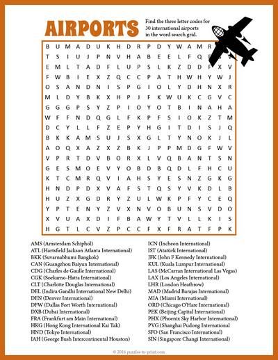 Here is a challenging word search puzzle featuring 36 airport codes to hunt down.  Another great free printable puzzle from Puzzles to Print. Airplane Worksheet, Vacation Word Search, Travel Games For Kids Airplane Free Printable, Fill In Crossword Puzzles Printable, Hard Word Search Free Printable, Airport Codes, Puzzle Worksheet, Gifted Students, Word Search Puzzles Printables