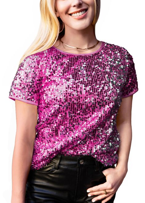 PRICES MAY VARY. SPARKLY SEQUIN TOPS. These sparkle party tunic tops made of lightweight 100% polyester fabric with a little bit of stretch, has a soft full lining that keeps you comfortable. It has durably stitched all-over sequins won't easy to come off or splitting. FULL SEQUIN PARTY TUNIC TOPS. This concert top for women features all over shiny sequins, short sleeve, round neck, slim fitted design, glitter sequins make you stand out from the crowd, sparkly tunic tops for women dressy, sparkl Diy Sparkly Top, What To Wear To Pink Concert 2024, Glitter Tops Outfit, Sparkly Sequin Top, Sequins Top Outfit, Sparkly Shirt, Glitter Blouse, Concert Top, Concert Party