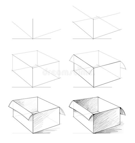 Drawing From Perspective, Cute Box Drawing, How To Draw Shapes, Box Sketch Drawing, Architecture Drawing Beginner Step By Step, Drawing From Shapes, Open Box Drawing, Sketch Step By Step Pencil, Simple Objects To Draw