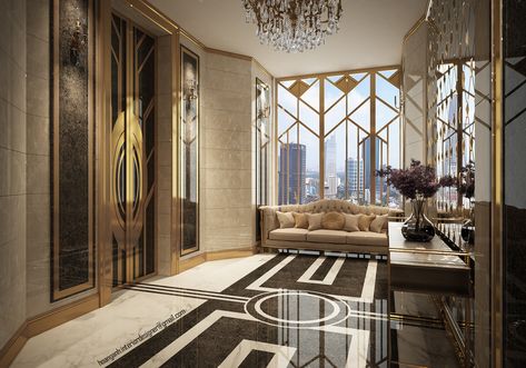 [ART DECO] Private Elevator Penthouse Entry on Behance Gatsby Interior Design, Art Deco Lobby, Private Elevator, Dressing Unit, Penthouse Interior, Art Deco Hotel, Art Deco Bar, Art Deco Interior Design, Art Deco Decor