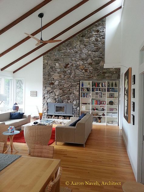 Haiku ceiling fan in Caramel Bamboo. Photo © Aaron Naveh, Architect. Angled Ceiling Living Room, Slanted Ceiling Ideas, Haiku Fan, Ceiling Beams Living Room, Vaulted Ceiling Ideas, Beams Living Room, Vaulted Ceiling Living Room, Raked Ceiling, Cabin Chic