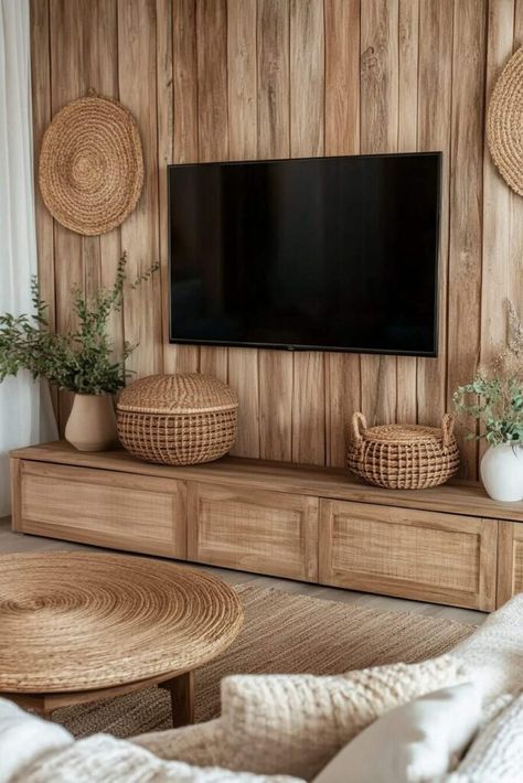 Boho Living Room Built Ins, What To Put Under Mounted Tv Living Room, Plants Around Tv Living Rooms, Living Room Decor Above Tv, Plants Around Tv, Boho Tv Wall Decor, Boho Tv Wall, Living Room Without Tv, Decor Under Tv