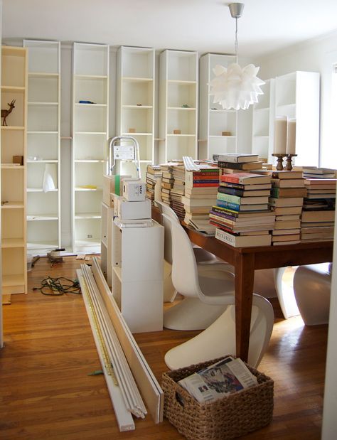 dining-room-mess-bookcases Dining Room Turned Library, Dining Room Library Combo, Dining Room Bookshelves, Library Dining Room, Room With Bookshelves, Small Living Room Dining Room, Dining Room Library, Print On Fabric, Dining Room Windows