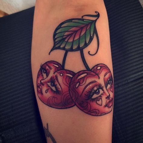 American Traditional Cherry Tattoo, Ruby The Cherry Tattoos, Skull Cherries Tattoo, Traditional Cherry Tattoo, Cherry Skull Tattoo, Cherry Tattoo Design, Cherry Bomb Tattoo, Matryoshka Tattoo, Tattoos 2022