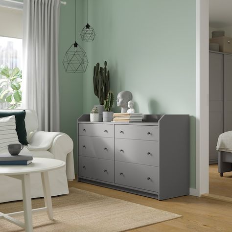 HAUGA 6-drawer dresser, gray, 543/8x331/8" - IKEA Eucalyptus Nursery, Grey Living Room Furniture, Ikea Sideboard, Apartment Design Inspiration, Grey Furniture Living Room, Dads Room, Living Room Decoration Ideas, Wide Chest Of Drawers, Living Room Mood Board