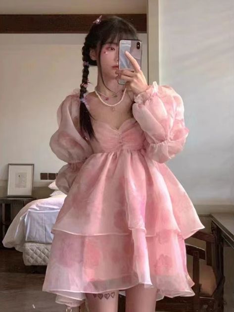 [Original Quality] Selkie Ocean Same Style Dress Fairy Princess Organza Star Vintage Floral Puff Sleeve Slimmer Look Skirt Party Dinner Female - Pink gradient S Princess Dress Women, Cute Dress Outfits, Sweet Lolita, Fairy Dress, Elegant Party, Beach Holiday, Lolita Dress, Pink Print, Princess Dress