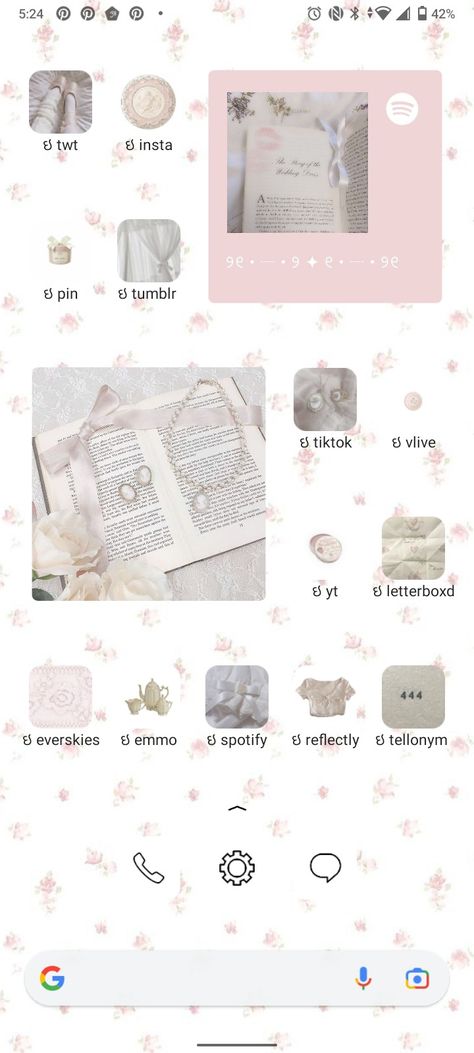 Princess Phone Aesthetic, Aesthetic Android Homescreen Layout, Pink Pilates Princess Phone Layout, Pink And White Phone Theme, Android Phone Setup, Aesthetic Phone Layout Android, Phone Themes Android Aesthetic, Phone Theme Ideas Pink, Coquette Phone Theme