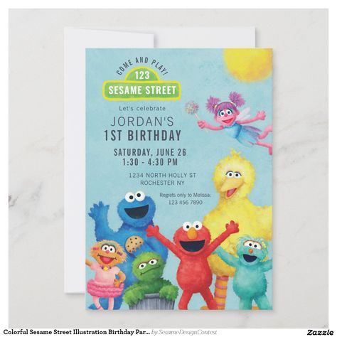 Elmo, Cookie Monster, Abby Cadabby & friends play in these cute, sunny Sesame Street birthday party invitations! Artwork by Colleen Michele. Sesame Street Illustration, Seaseme Street Birthday Party, Elmo Birthday Invitations, Elmo First Birthday, Sesame Street Birthday Invitations, Street Illustration, Sesame Street Invitations, Illustration Birthday, Elmo Birthday Party