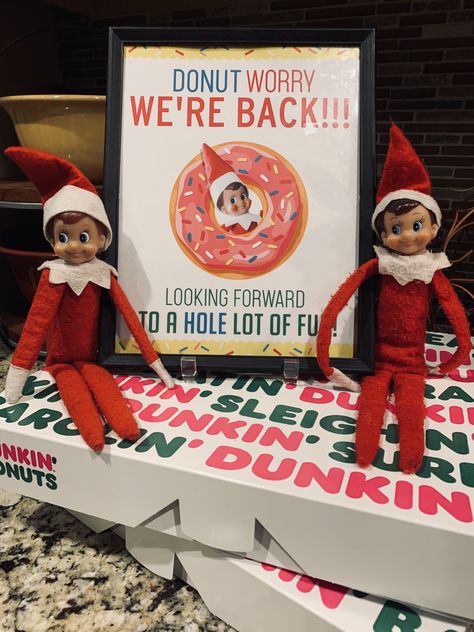 Elf With Donut Ideas, Elf On The Shelf We Are Back Ideas, We're Back Elf, We're Back Elf On The Shelf Ideas, Elf We Are Back, Elf We're Back Ideas, Donut Worry Im Back Elf, Elf On The Shelf We're Back Ideas, Elf Donut Ideas