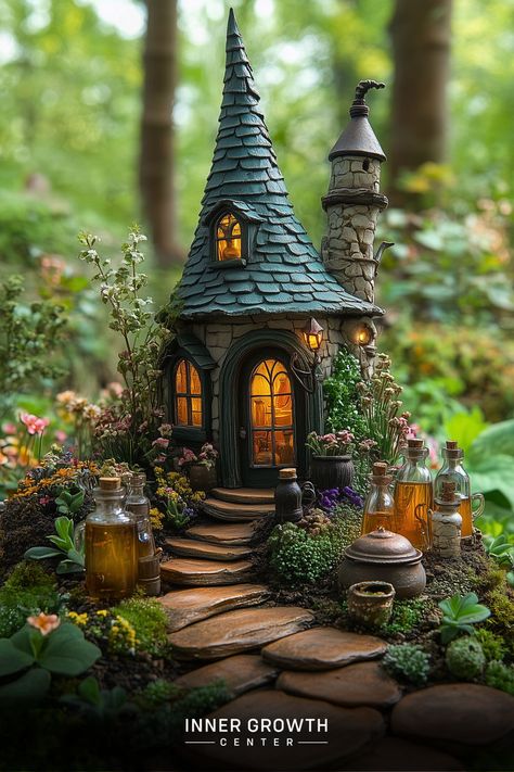 A miniature stone cottage with a tall pointed green roof and crooked tower, surrounded by glowing potion bottles and flowering plants along a stepping stone path. Enchanted Garden Ideas, Small Garden Ideas, Tiny Fairy, Dreamy Garden, Tiny Garden, Storybook Cottage, Garden Aesthetic, Magical Garden, Fairy Garden Diy