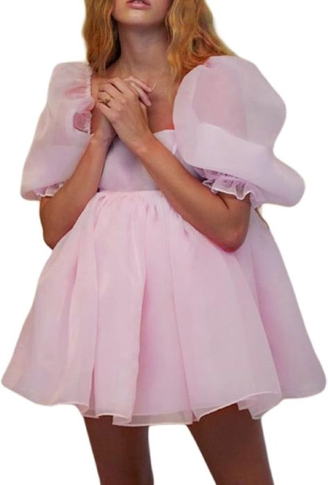 Women Fairy Ruffle Mini Dress Square Neck Puff Sleeve A Line Short Dress Smocked Low Cut Off Shoulder Flowy Dress(Ab Pink Cute,Small) at Amazon Women’s Clothing store Off Shoulder Flowy Dress, Tulle Prom Dress With Sleeves, A Line Short Dress, Princess Fairy Dress, French Princess, Dress Square Neck, Tulle Mini Dress, Puffy Dresses, Dress Flowy