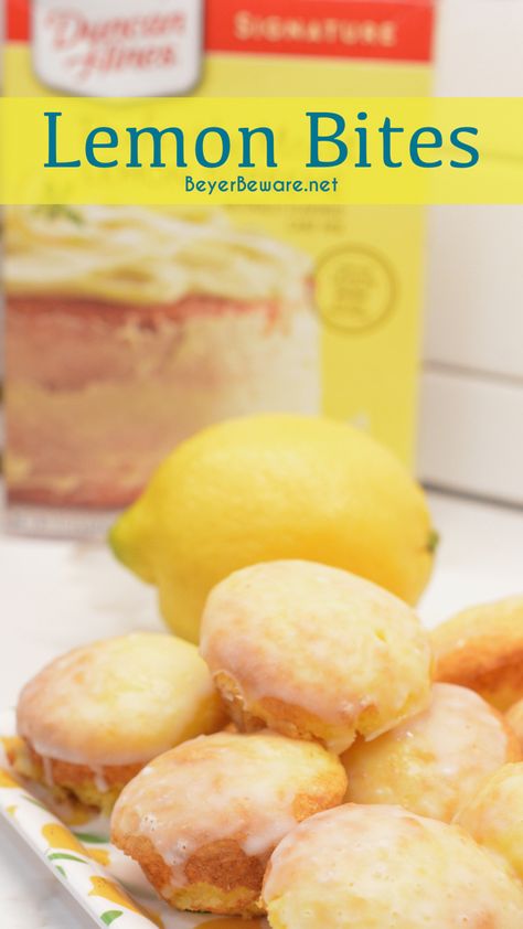 Lemon Bites are delicious bite-sized lemon cupcakes topped off with homemade lemon glaze. Many times referred to as Lemon Blossoms, these mini lemon cupcakes are delicious bite-sized treats made with a lemon cake mix and vanilla pudding mix! #cakemix #cakemixrecipes Lemon Bites, What To Make With Boxed Lemon Cake, Lemon Cake Mix Ideas, Lemon Cupcake Recipes Using Cake Mix Boxes, Mini Lemon Cakes, Lemon Drop Cupcakes, Recipes Using Lemon Cake Mix Boxes, Lemon Desserts Easy Cake Mixes, Easy Lemon Cupcakes