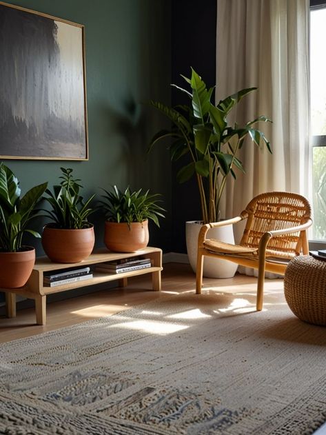 A minimalist arrangement of indoor plants in neutral-toned pots, placed on a light wooden floor, adding a natural and serene touch to the space. Indoor Plant Setup, Zen Meditation Space, Plant Setup, Indoor Plant Display, Plant Display, Zen Meditation, Indoor Plant, Potted Plants, Indoor Plants