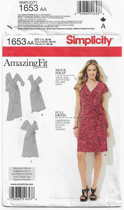 Simplicity 1653 UNCUT Sewing Pattern Misses' Size: 10 - 12 - 14 - 16 - 18 Bust: 32 1/2 - 34 - 36 - 38 - 40 Waist: 25 - 26 1/2 - 28 - 30 - 32 Fitted Dress Pattern, Dress Pattern Simplicity, Wrap Over Dress, Wrap Dress Sewing Patterns, Fitted Knit Dress, Simplicity Patterns Dresses, Mock Wrap Dress, Wrap Dress Pattern, Pattern Dress Women