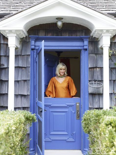 Fashion designer Lorry Newhouse at the Southampton, New York, home she shares with her husband, Mark, bright blue, periwinkle blue, pantone little boy blue, blue door Front Door Entrance Exterior, Blue Interior Doors, Blue Front Door, Beautiful Front Doors, House Paint Interior, Door Paint Colors, Door Entrance, Front Door Entrance, Casa Vintage