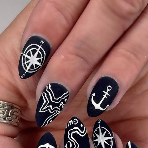 Allyssa Power on Instagram: "Nautical by Nature 😏⚓️ Dip w/ Mystery Art #nauticalnails #summernails #navynails #oceannails #compassnails #oceannails #anchornails #coastalnails #mainenails #nailsportland #portlandmaine #saltlife #seanails #nailart #nailsofinstagram #naildesign" Navy Themed Nails, Sailor Nails Design, Scuba Diving Nails, Pirate Themed Nails, Compass Nails, Pirate Nails Design, Pirate Nail Art, Navy Nails Design, Pirate Nails