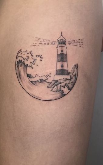 Small Light House Tattoo, Seaside Tattoo Ideas, Rudder Tattoo, Minimalist Lighthouse Tattoo, Ethan Tattoo, Light House Tattoo, Rebecca Tattoo, Partner Tattoo, Lighthouse Tattoo Meaning