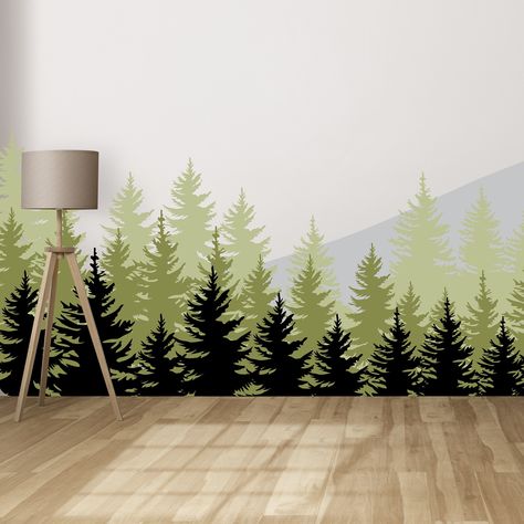 Tree Murals On Wall, Pine Tree Mural, Tree Mural Nursery, Stick Tree, Dark Green Top, Pine Tree Forest, Tree Mural, Pine Trees Forest, Nursery Mural