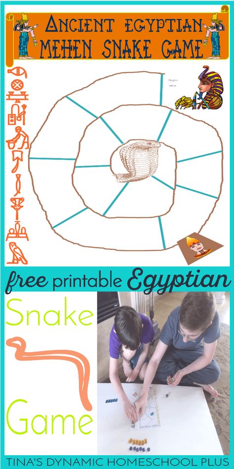 Grab this free and fun printable board game when studying Ancient Egypt. It's Mehen or the snake game for hands on history. Get it over @ Tina's Dynamic Homeschool Plus Ancient Egypt Unit Study, Printable Board Game, Egypt Games, Civilization Game, Ancient Egypt Activities, Interactive Lapbooks, Ancient Egypt Unit, Egypt Activities, Egyptian Crafts