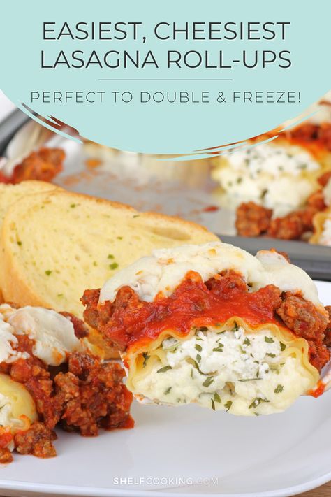 These hearty lasagna roll ups are so versatile and can be easily modified to include ingredients you already have in your kitchen. Double this mouthwatering recipe to fill your belly and your freezer all in under an hour! Freezer Ravioli Lasagna, Lasagna Recipe Freezer Friendly, Lasagna Freezer Meal Recipe, How To Freeze Lasagna Freezer Meals, Lasagna Roll Ups Freezer Meal, Freezer Lasagna, Lasagna Side Dishes, Leftover Lasagna, Shelf Cooking