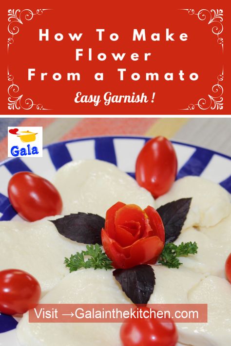 Easy garnish ideas from tomato and cherry tomato. Very festive garnish for vegetable platter or other dishes. Check out techniques with photos and video on my website → Galainthekitchen.com #galainthekitchen #tomatogarnish #tomato #rosefromtomato #cutefoodgarnish #foodgarnish Vegetable Garnish Ideas, Fancy Dinner Table, Garnishing Ideas, Cute Tomato, Tomato Appetizers, Garnish Ideas, Food Garnish, Drinks Ideas, Appetizers For Kids