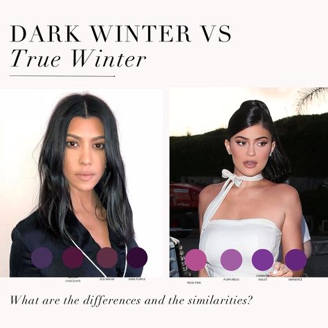 As requested, a True Winter VS Dark Winter comparison 🖤 Dark Winter is also known as Deep Winter. . #coloranalysis #colouranalysis #coloranalyst #winterpalette #truewinter #deepwinter #darkwinter #kyliejenner #kourtneykardashian Hair For Winter Skin Tone, True Winter Hair Color, Dark Winter Makeup, Deep Winter Hair Color, True Winter Hair, Dark Winter Color Palette, Dark Winter Aesthetic, True Winter Palette, True Winter Makeup