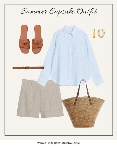 Ewelina Kanty (@the_closet_journal) • Instagram photos and videos Summer Basket, Cognac Sandals, Blue Linen Shirt, Summer Capsule, Capsule Outfits, Of Outfits, Linen Shorts, Linen Shirt, Cognac