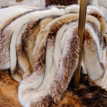 Ross-Simons - Limited Edition Arctic Wolf Faux Fur Throw Blanket. Authentic in color, touch and appearance, this Limited Edition arctic wolf faux fur throw blanket instantly adds maximal ambiance and understated luxury to any room in the home. The warm contrast of a deep ivory center with chocolate brown and subtle charcoal gray tipping adds dynamic depth to the substantially plush fur. Amazing to look at and even better to lounge under, this versatile blanket creates a tranquil sanctuary when d Wolf Bedroom Decor, Fur Bedroom Decor, Woodland Interior, Versace Interior, Fur Blanket Bed, Millionaire Ideas, Staging Bedroom, Fur Bedroom, Fur Bed