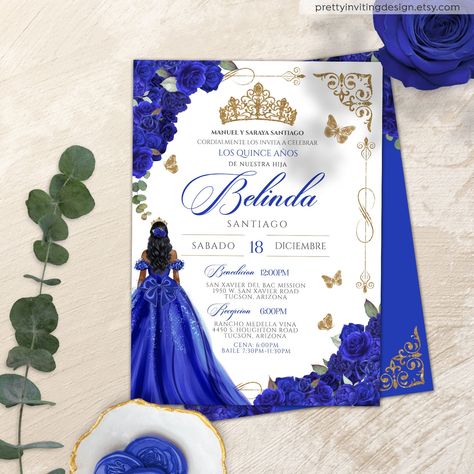 Blue Rose & Gold Butterfly Quinceañera, Luxe Blue Princess 15th Birthday Invite,  Royal Blue and Gold Butterflies Quinceanera Invitation V3 Invation Cards Quince, Royal Blue Quince Invitations, Quince Invites, Quince Planning, Quince Stuff, Invitations Quinceanera, Blue Quinceanera, Quinceanera Invitation, Rose Gold Butterfly