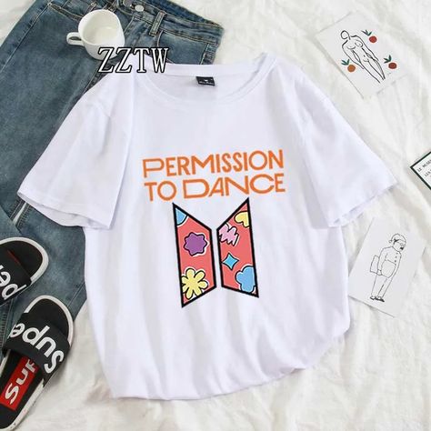 Korean Kpop Fashion Permission To Dance Graphic Print T Shirt Women Tops Summer Cute T-shirts Female Dance Merch, Bts Embroidery, Permission To Dance Bts, Bts Products, Trousers Women Outfit, Bts Bag, Bts Shirt, Bts Clothing, Kpop Shirts