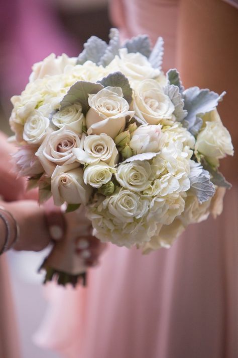 Pin for Later: 11 White Wedding Bouquets That Are Simply Perfect Quicksand Roses, Tibet Roses, Spray Roses, Hydrangea, Dusty Miller, and Blush Bride Protea Amnesia Rose, Cupcake Tower Wedding, Wedding Flowers Hydrangea, Hidden Garden, Rose Wedding Bouquet, Simple Wedding Cake, Long Hair Wedding Styles, White Wedding Bouquets, Dusty Miller