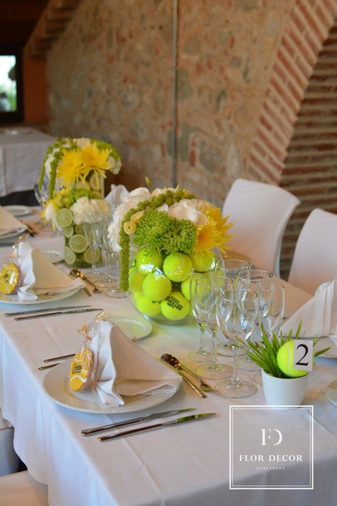 Tennis Banquet Table Decorations, Tennis Themed Centerpieces, Tennis First Birthday Party, Tennis Birthday Party Decorations, Tennis Table Decorations, Tennis Banquet Decorations, Tennis Birthday Party Ideas, Tennis Decorations Party, Tennis And Tequila